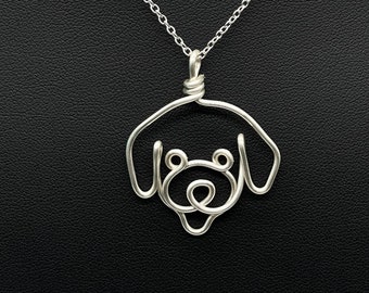 Miniature Poodle Necklace, Teddy, silver, wire, dog, dog face pendant, wire wrap, one line, dog mom, pet parent, silver plated jewelry