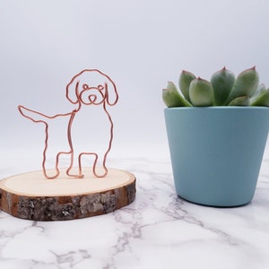May include: A copper wire dog sculpture stands on a small wooden slice, next to a light blue pot with a green succulent. The dog is a simple outline, and the succulent has green leaves with red tips. The background is white.