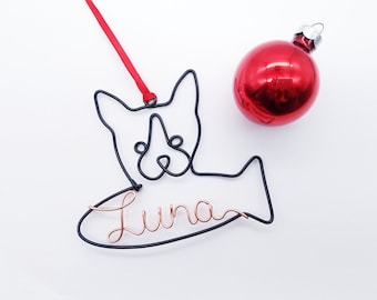 Wire snowshoe cat ornament with fish Personalized Ornament Pet Name Christmas Gift Unique memorial portrait gift cat lovers pet name sign