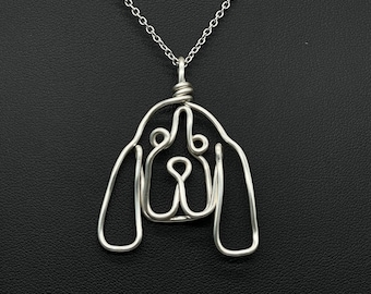 Bloodhound Necklace, silver, wire, dog, dog face pendant, dog memorial wire wrap, one line, dog mom, pet parent, silver plated jewelry