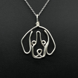 Beagle Necklace, hound, silver, wire, dog, dog face pendant, wire wrap, one line, dog mom, pet parent, silver plated jewelry