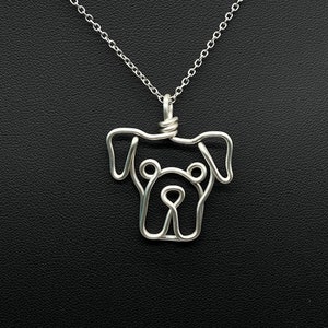 Boxer Necklace, silver, wire, dog, dog memorial, dog face pendant, wire wrap, one line, dog mom, pet parent, silver plated jewelry image 1