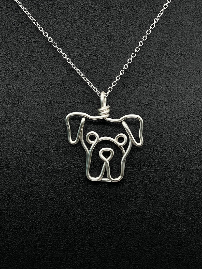 Boxer Necklace, silver, wire, dog, dog memorial, dog face pendant, wire wrap, one line, dog mom, pet parent, silver plated jewelry image 1