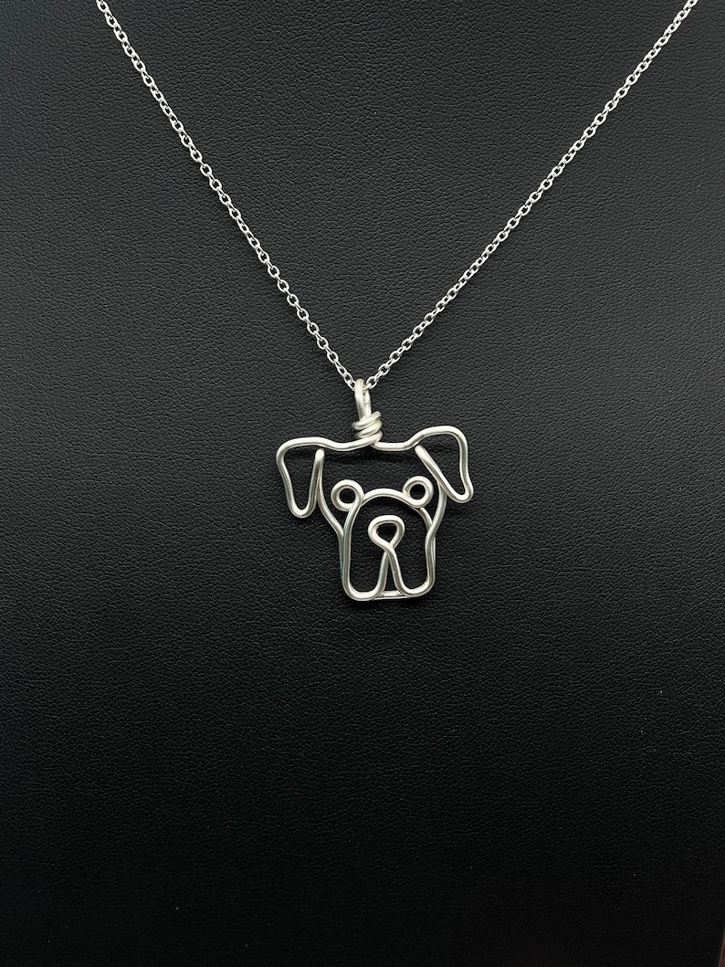 Boxer Necklace, silver, wire, dog, dog memorial, dog face pendant, wire wrap, one line, dog mom, pet parent, silver plated jewelry image 2