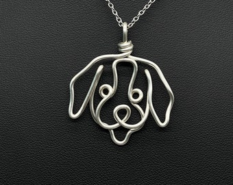 Saint Bernard Necklace, silver, wire, dog, dog memorial, dog face pendant, wire wrap, one line, dog mom, pet parent, silver plated jewelry