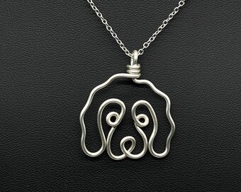 Labradoodle, Goldendoodle Necklace, silver, wire, dog, dog face pendant, wire wrap, one line, dog mom, pet parent, silver plated jewelry