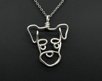 Schnauzer Necklace, silver, wire, dog, dog face pendant, wire wrap, one line, dog mom, pet parent, silver plated jewelry