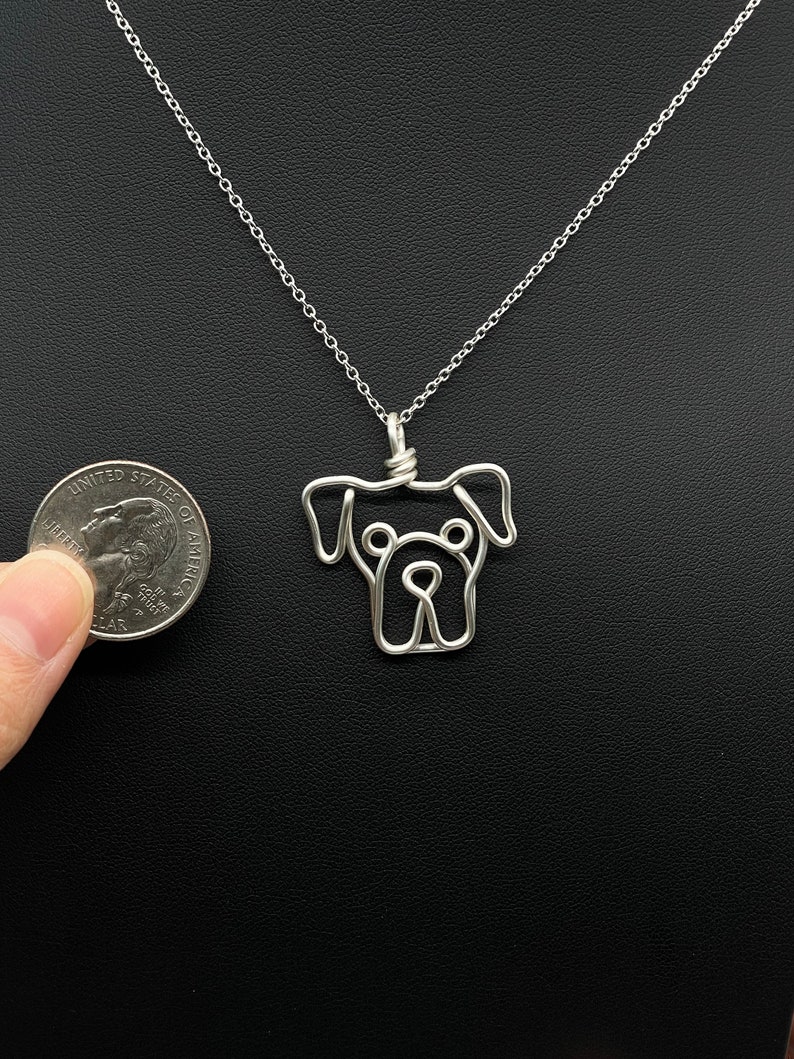 Boxer Necklace, silver, wire, dog, dog memorial, dog face pendant, wire wrap, one line, dog mom, pet parent, silver plated jewelry image 3