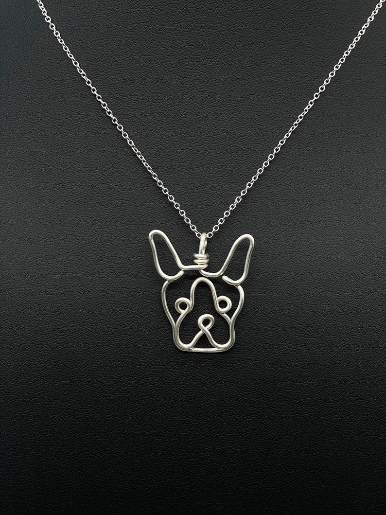 Boston Terrier Necklace, terrier dog, silver, wire, dog, dog face pendant, wire wrap, one line, dog mom, pet parent, silver plated jewelry image 2