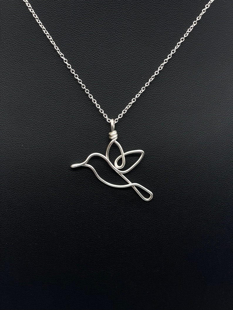 Hummingbird Necklace, silver, wire, Mother's day, bird, pendant, wire wrap, one line, silver plated jewelry, gift for mom, gift for her image 2