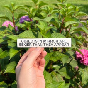 May include: A rectangular white sticker with black text that reads, "OBJECTS IN MIRROR ARE SEXIER THAN THEY APPEAR." The sticker is held against a background of green leaves and pink flowers, featuring a clean, bold, sans-serif font style.