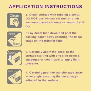 May include: A light yellow instructional graphic titled APPLICATION INSTRUCTIONS with four steps for applying a decal. Each step includes a dark grey icon and text explaining how to clean the surface, peel the backing, apply the decal, and remove the tape.