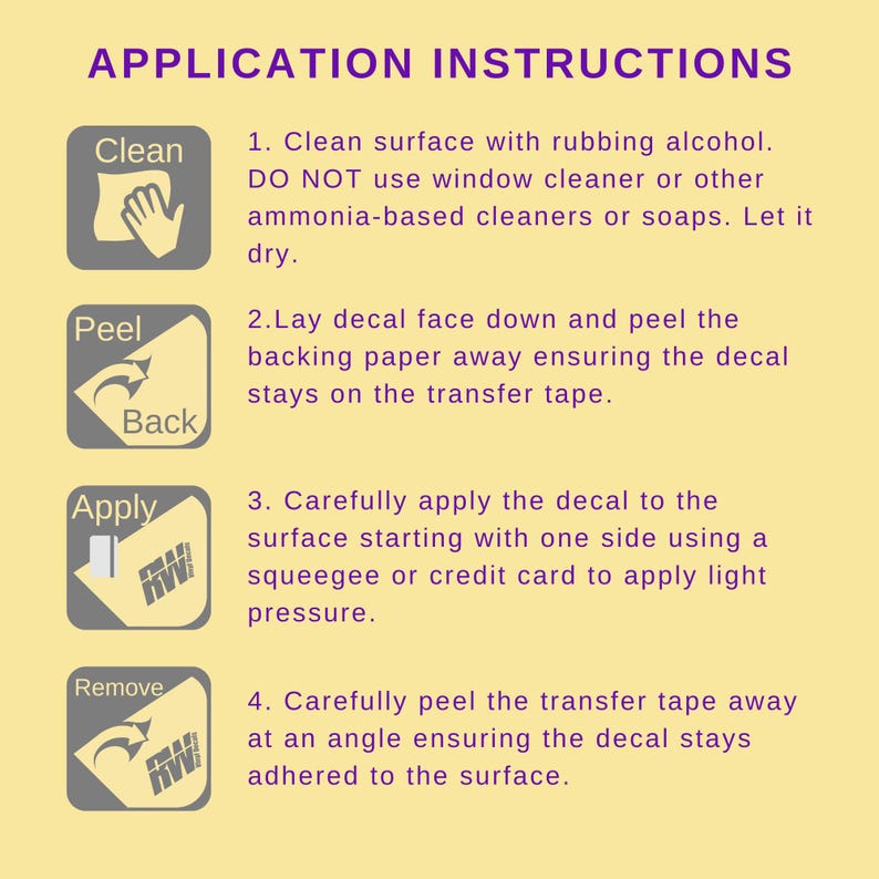 May include: A light yellow instructional graphic titled APPLICATION INSTRUCTIONS with four steps for applying a decal. Each step includes a dark grey icon and text explaining how to clean the surface, peel the backing, apply the decal, and remove the tape.
