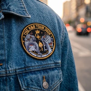 May include: A denim jacket with a circular patch featuring the text "THE R&B TOUR 2026" and the names "CHRIS BROWN & USHER". The patch has a gold border and an illustration of two figures. The jacket has a buttoned pocket and a metal button.