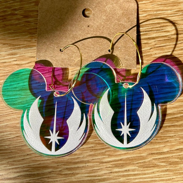 Holographic Iridescent Rainbow Acrylic Jedi Order Symbol Disney Mickey Dangle Earrings Gold Hoops: Handmade