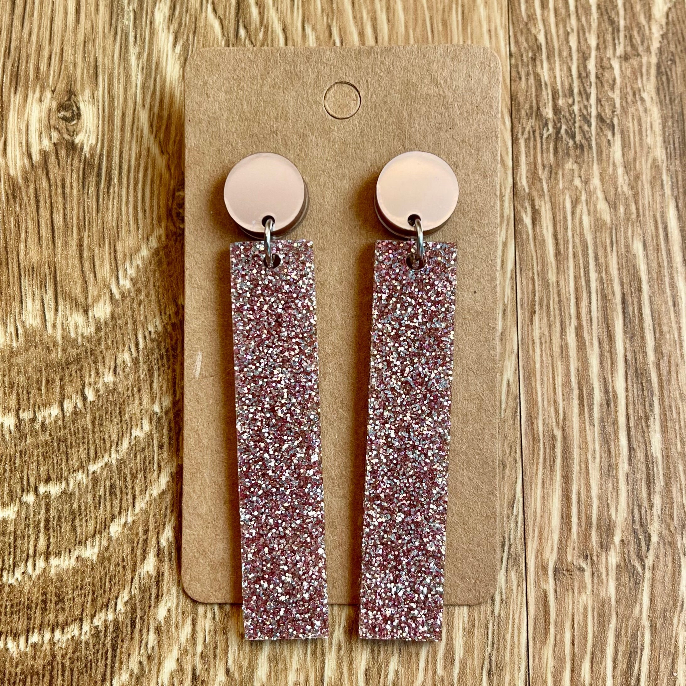 Rose Gold Glitter Sparkly Acrylic Dangle Earrings With Metallic