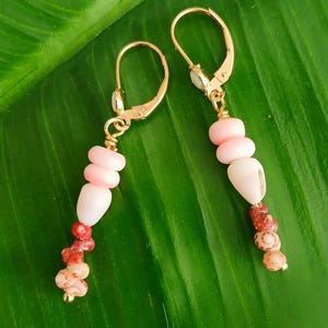May include: A pair of gold-colored leverback earrings. Each earring features a combination of pink, white, and reddish-brown beads and shells. The earrings are displayed on a green leaf.
