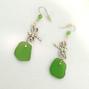 Seaglass Earrings,  Sterling Silver Seaglass Dragonflies, Dragonfly Seaglass Earrings, Seaglass Dangle Earrings,  Seaglass Drop Earrings