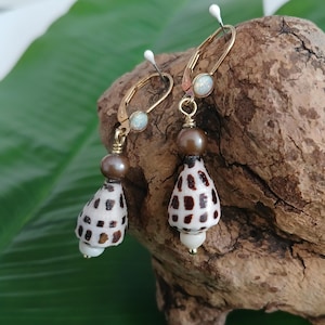 Hebrew Cone Shell Earrings: Hawaiian Dangles with Freshwater Pearls, 14kt Gold-Filled