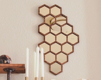 Hexagon Accent Mirror with Gold Tint and Honeycomb Pattern