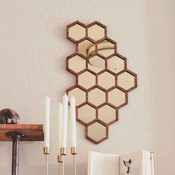 Hexagon Accent Mirror with Gold Tint and Honeycomb Pattern