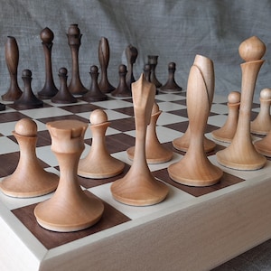 Handmade Walnut and Maple Wood Chess Set with Minimalist Design, Eco-Friendly Beeswax Finish, and Built-In Organizer