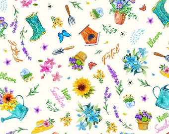 Watercolor Gardening and Text Fabric by KATIE HENNAGIR - Hello Sunshine Collection for Timeless Treasures