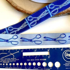 Sewing Scissors Jacquard Ribbon yardage. New on roll. Tula Pink for Renaissance ribbons. Blue Shears on light blue trim