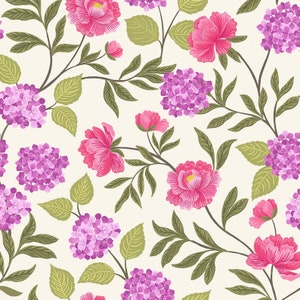 Peony and Hydrangea on Cream Fabric, Love Blooms by Lewis and Irene - A521.1