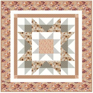 May include: A patchwork quilt with a floral border and a starburst design in the center. The quilt features a mix of floral, plaid, and solid fabrics in shades of cream, brown, gray, and peach. The quilt's dimensions are not visible.