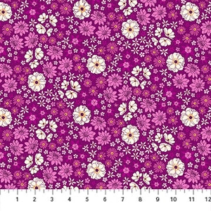 May include: A purple fabric with a repeating pattern of pink, white, and yellow flowers. The flowers are of various sizes and shapes.