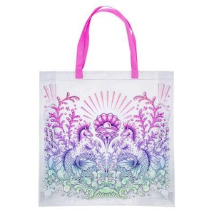 May include: A clear tote bag with bright pink handles featuring a colorful graphic print of two seahorses facing a central open seashell with a pearl. The design includes coral, seaweed, and wave patterns in shades of purple, blue, and green.