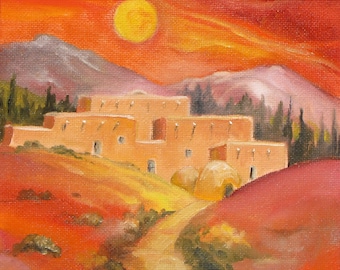 Framed Pueblo Oil Painting, Southwestern Landscape Art (16x16)