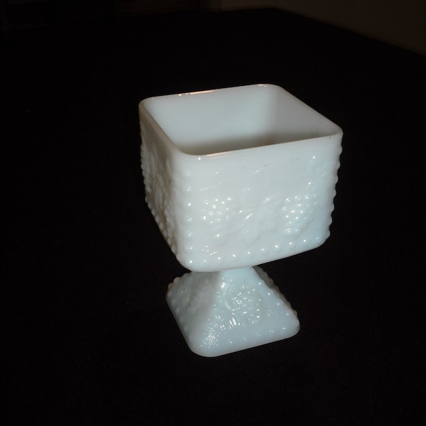 Milk Glass Pedestal Square Grape and Leaf Pattern, Compote, Wedding, Bridal Shower,Gift