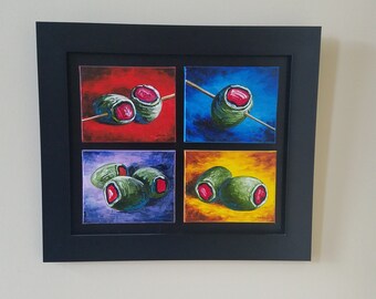 Original Oil Painting Set Wall Art Olives Oil Paintings Contemporary Wall Hanging Martini Olive Framed Art Cocktail Olive Painting Framed