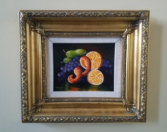 Original Oil Painting Fruit Wall Art Painting Still Life Orange Pear Grapes Painting Framed