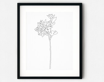 Dahlia Print, Flower Line Art, Botanical Line Art Printable, Line Art Print, Line Drawing, Boho Wall Print, Minimalist Printable Art