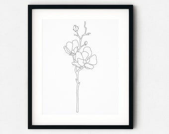 Magnolia Flower Print, Botanical Line Art, Line Art Print, Line Drawing, Boho Wall Print, Minimalist Printable Art, Line Illustration