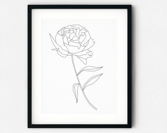 Peony Flower Print, Botanical Line Art, Line Art Print, Line Drawing, Boho Wall Print, Minimalist Printable Art, Line Illustration