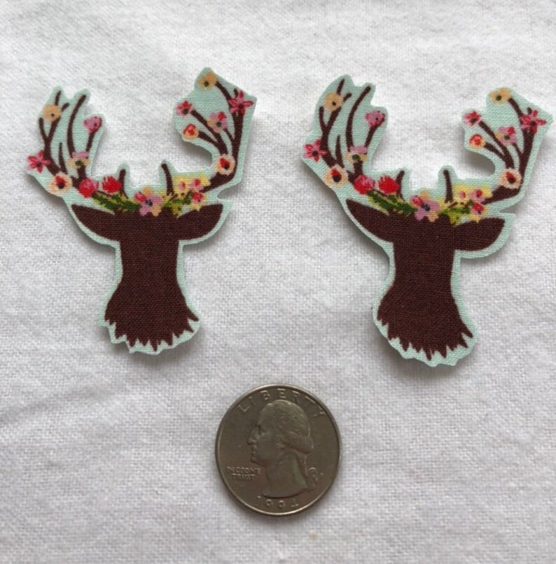 Set of 2 Flower Doe Deer Heads No Sew Iron On Appliques.