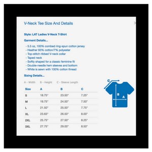 May include: A size chart for a V-neck T-shirt with measurements in inches. The chart shows the width, height, and sleeve length for sizes S through 3XL. The chart also includes a diagram of a V-neck T-shirt with the measurements labeled.