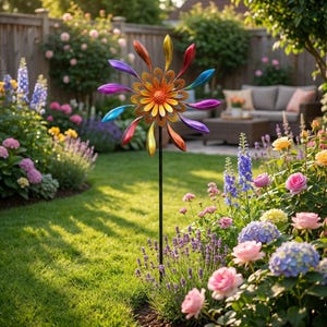 Gran molino de viento de metal, colorido, cinético, para jardín, decoración de patio al aire libre.