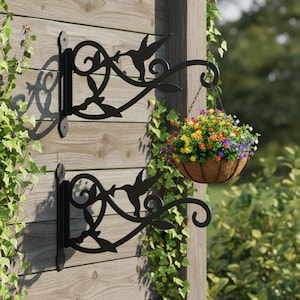 Puede incluir: Dos colgadores de plantas de metal negro con forma de colibrí montados en una pared de madera. Uno de ellos sostiene una cesta colgante llena de flores coloridas. Los colgadores presentan un diseño de colibrí y hojas, añadiendo un toque decorativo.