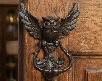 Aldaba de puerta vintage de búho de hierro fundido, decoración rústica para el hogar, 10 pulgadas, acabado antiguo
