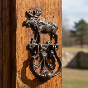 Könnte beinhalten: Ein Türklopfer aus Gusseisen mit einem detaillierten Elch-Design. Der Türklopfer ist auf einer Holztür montiert und hat eine dunkelbraune Oberfläche. Der Elch steht über einem dekorativen Griff und verleiht dem Eingang einen rustikalen Touch.