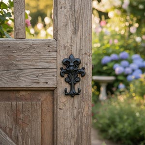 May include: A weathered wooden gate with a black fleur-de-lis style hook. The gate is made of rough-hewn planks, and the hook is mounted on the right side. The background shows a blurred garden with flowers and greenery.