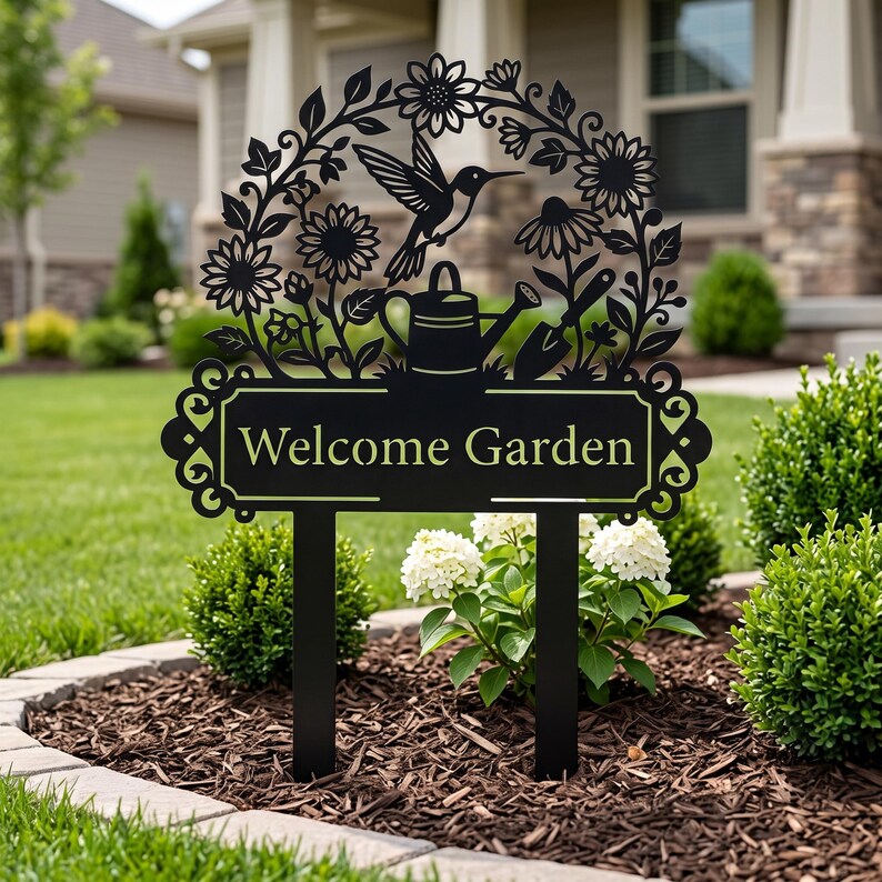 Vermiculture Sign Hummingbird Garden Sign Metal Yard Stake Welcome Garden Decor Outdoor ...