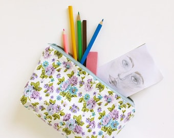 Maximalist Purple and Bule Rose travel/makeup/pencil pouch