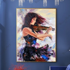 Beautiful Girl Playing Violin Oil Painting Original Violinist Art Violin Lover Gift Dark Blue Painting on Canvas Modern Music Studio Decor