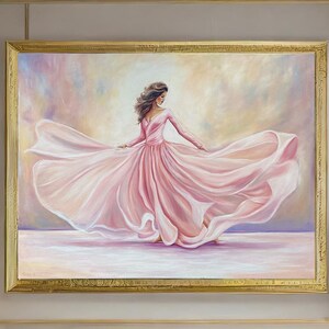Dancing Woman Painting on Canvas Pink Ballerina Wall Art Elegant Lady in Pink Dress Painting Modern Ballerina Art Dancer Oil Painting